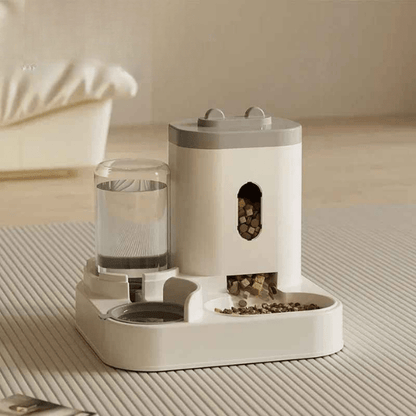 Distributeur de croquettes pour chat 2en1 compact gravitaire eau aliment gris - AutoCroq™