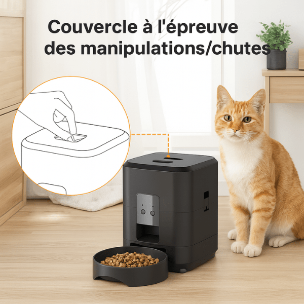Distributeur de croquettes pour chat protection toutes manipulations | CroqTech™