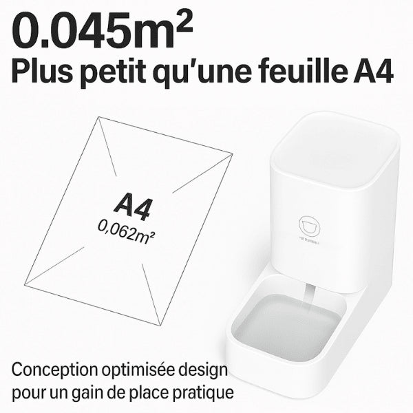 Distributeur eau chat compact blanc grande capacité 3.8 L petite taille feuille A4 DesignFlow™