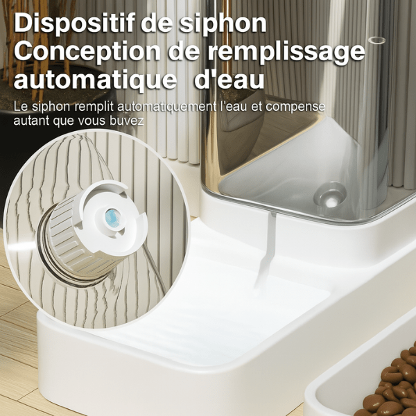 Distributeur eau et croquettes pour chat avec hydratation continue remplissage par siphon - Essentiel Félin™