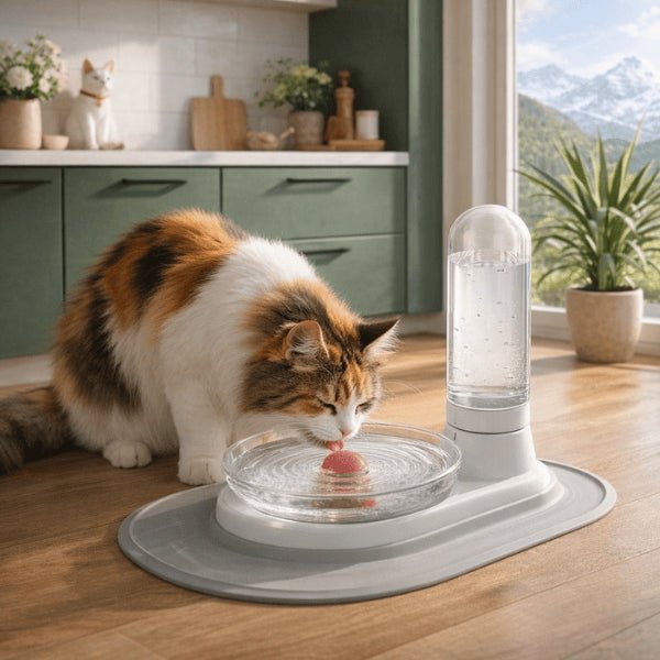 Chat utilisant un distributeur d’eau pour chat sans fil et sans électricité dans une cuisine moderne
