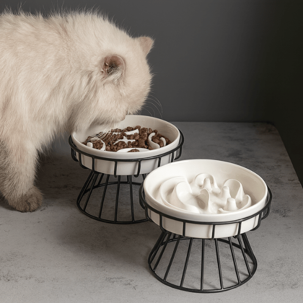 Félin blanc mange croquettes dans gamelle anti glouton chat surélevée support noir par deux