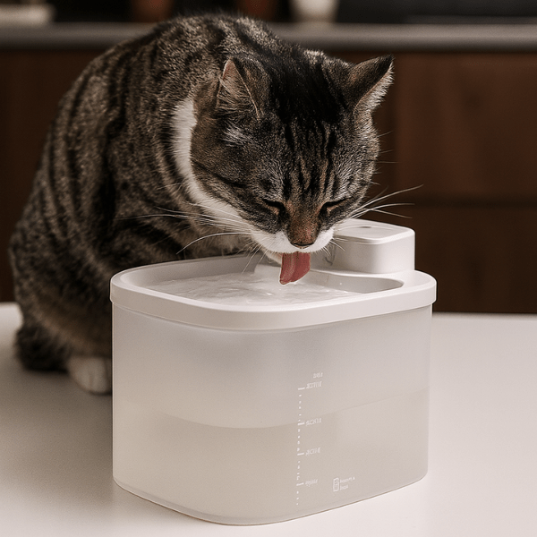 Félin qui boit dans fontaine a eau chat sans fil à batterie détecteur capteur