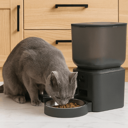 Félin russe mange dans bol distributeur croquette chat grande capacité XXL wifi connecté caméra MegaFeeder Control™