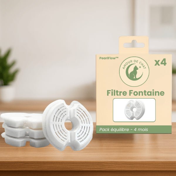 Filtre fontaine eau chat présenté avec pack équilibre 4 mois utilisation pour fontaine PearlFlow™