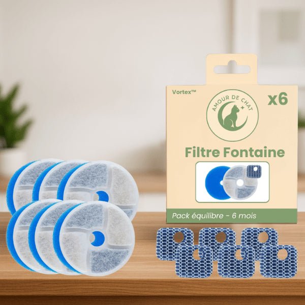 Filtre fontaine eau pour chat et filtre pompe présenté pack 6 mois fontaine inox Vortex™