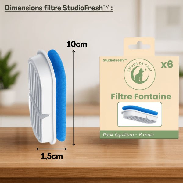Filtres fontaine chat dimensions et pack équilibre 6 mois pour fontaine chat design Studiofresh™