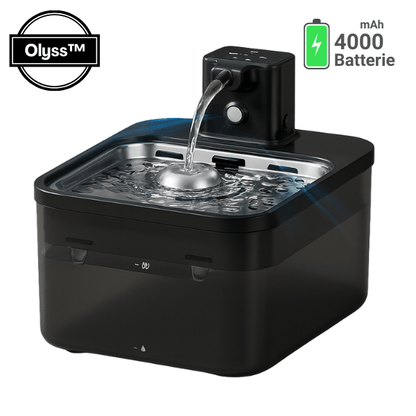 Fontaine a eau chat batterie sans fil bac inox base plastique abs résistante noire Olyss™