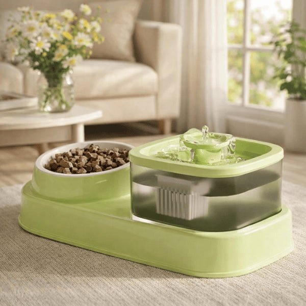 Fontaine à eau chat verte avec espace eau filtrée et compartiment croquettes DuoFlow™