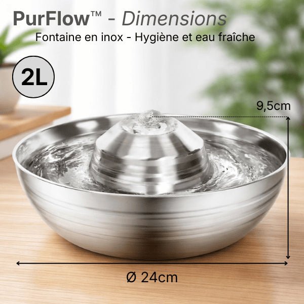 Fontaine à eau chat en inox montrant dimensions et capacité 2 litres