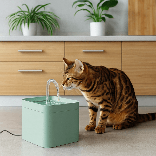 Fontaine a eau chat robinet verte dans cuisine avec félin tigre qui boit