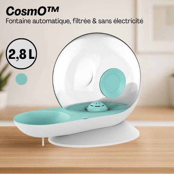 Fontaine à eau chat sans électricité filtrée grande capacité 2,8 litres bleu surélevée CosmO™