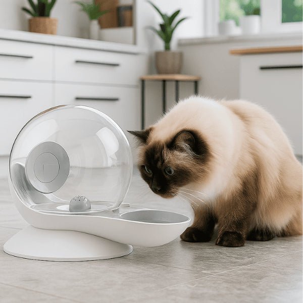 Fontaine à eau chat sans électricité filtrée grise siamois boit dans CosmO™