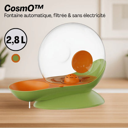 Fontaine à eau chat sans électricité grande capacité filtrée 2,8 litres surélevée orange vert CosmO™