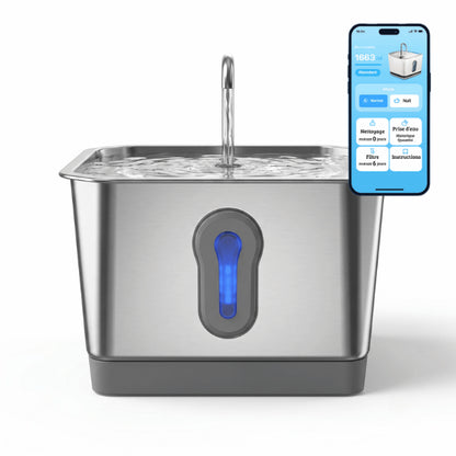 Fontaine à eau chat sans fil en inox robinet grande capacité connectée pour suivi hydratation