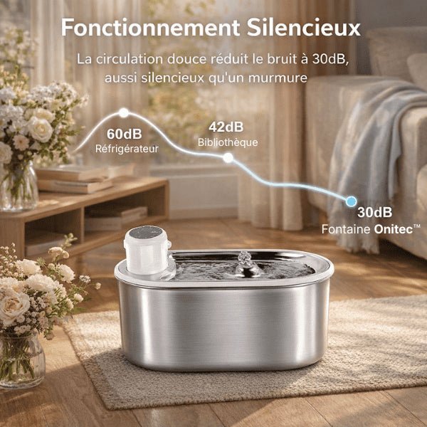 Fontaine à eau chat silencieuse réduisant le bruit à 30dB sans fil en inox