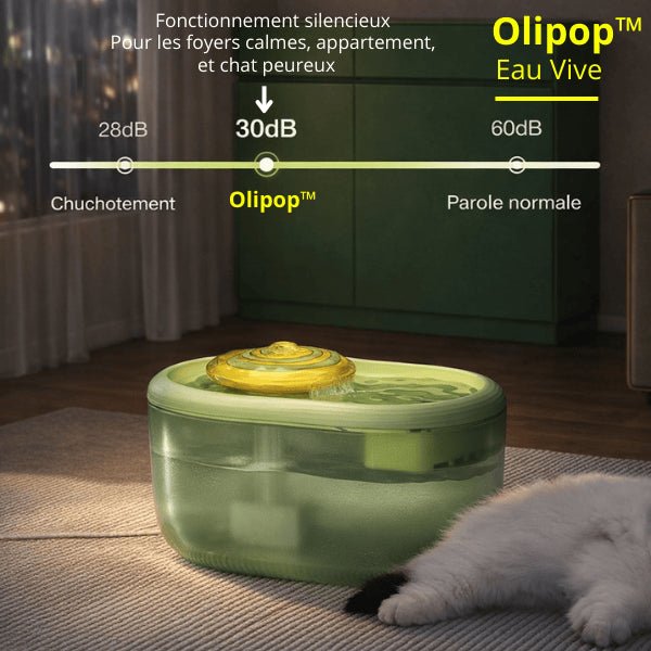 Fontaine à eau chat silencieuse 30 dB, idéale pour appartement et chat sensible, débit fluide et continu - Olipop™
