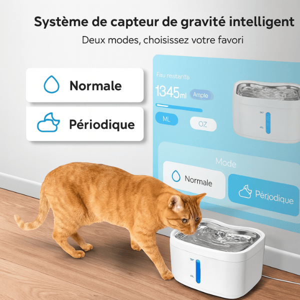 Fontaine à eau pour chat avec capteur intelligent par gravité mode normal périodique AquaTech™