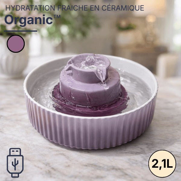 Fontaine à eau chat en céramique violette à cascade centrale et eau fraîche en continu - Organic™