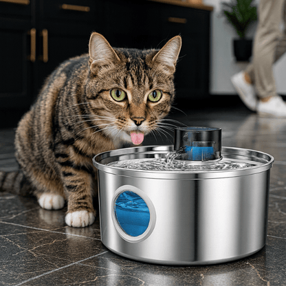 Fontaine à eau pour chat inox sans fil avec chat qui boit dans cuisine personne déplacement Vinox™