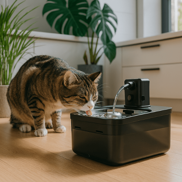 Fontaine a eau pour chat avec félin qui boit dans cuisine plante hydratation saine Olyss™