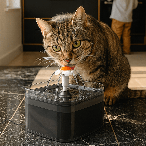 Fontaine à eau pour chat lumineuse noire carré fleuron automatique PearlFlow™ : Félin qui boit dans cuisine