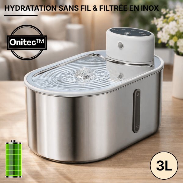 Fontaine à eau sans fil pour chat en inox de 3 litres et plateau hydratation centrale