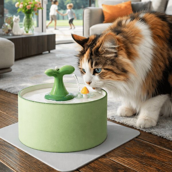 Maine coon buvant dans une fontaine à eau chat céramique verte à jet cactus avec double filtration OPurr™