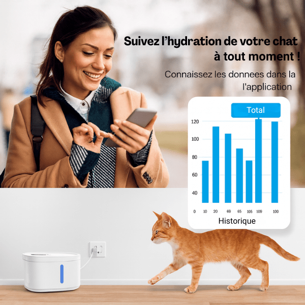 Fontaine chat connectée avec historique hydratation surveillance à distance AquaTech™
