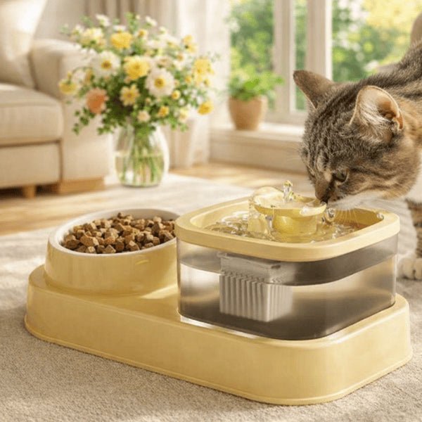 Chat buvant et mangeant avec une fontaine à eau et gamelle combinées DuoFlow™