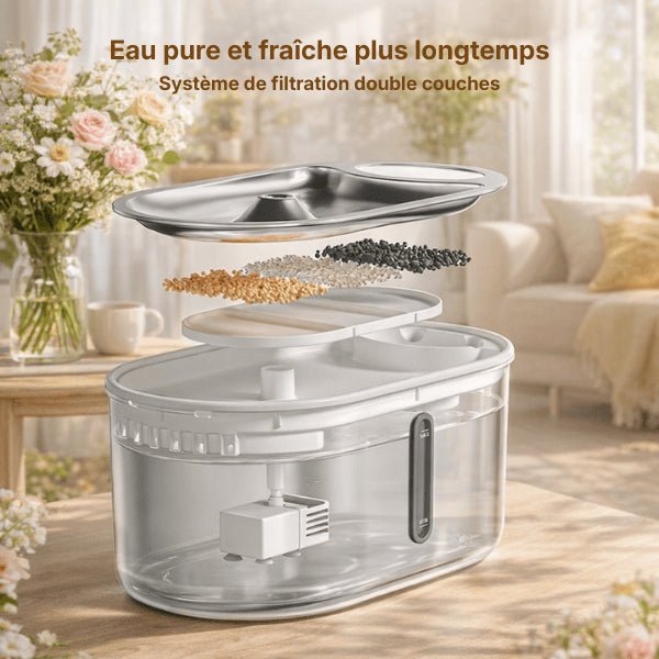 Système de filtration double couche pour fontaine chat inox sans fil