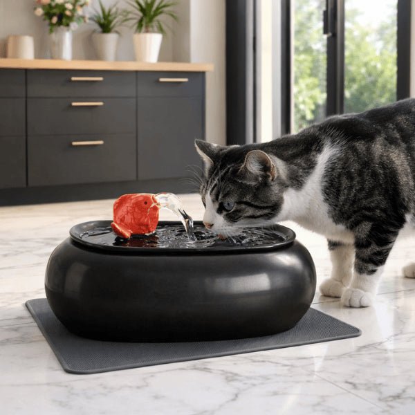Chat tigré buvant dans une fontaine chat noire en céramique avec buse poisson et eau filtrée – OCool™