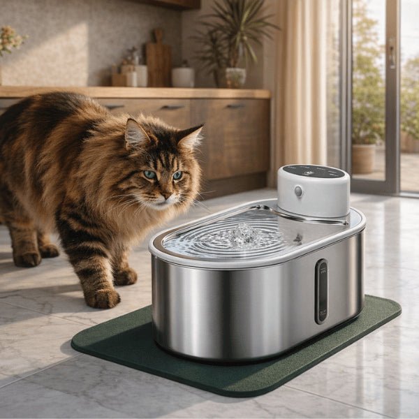 Chat attiré par la source centrale de la fontaine chat sans fil en inox