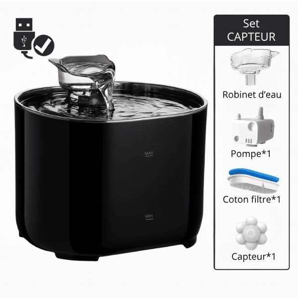 Fontaine eau chat automatique filtrée USB noire set capteur mouvement Studiofresh™