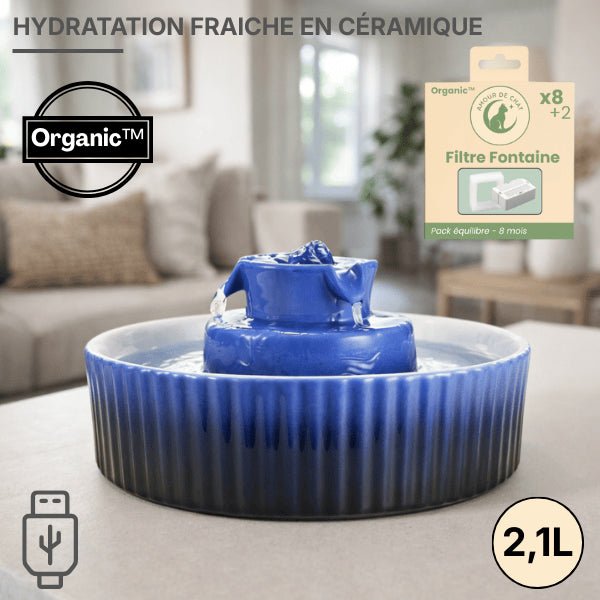 Fontaine à eau chat bleue en céramique à cascade centrale et capacité de 2,1 litres - Organic™