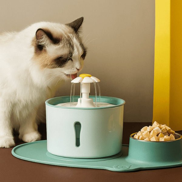 Fontaine eau chat cascade fleuron avec tapis gamelle inox tapis silicone vert félin boit Hydroflor™