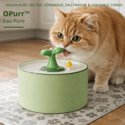 Chat buvant à une fontaine à eau céramique à jet cactus pour hydratation fraîche et filtrée – OPurr™