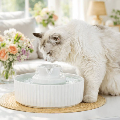 Chat buvant à une fontaine en céramique blanche à cascade - Organic™