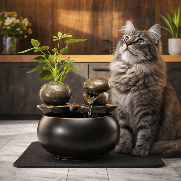 Fontaine à eau chat céramique élégante  design intégrée dans intérieur moderne