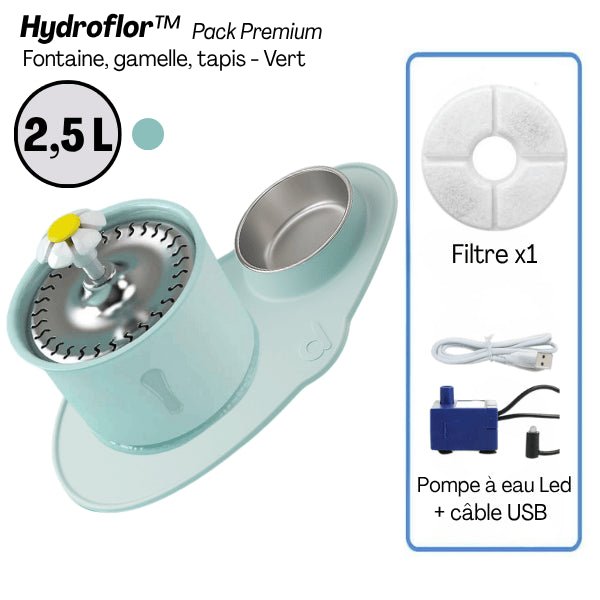 Fontaine eau chat complète 3en1 plateau inox tapis gamelle pompe filtre - Pack premium vert Hydroflor™