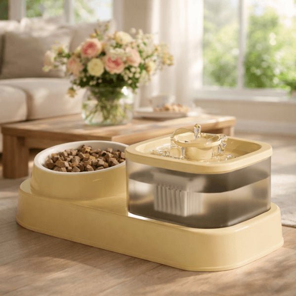 Fontaine combinant eau filtrée et gamelle de croquettes pour chat dans un intérieur lumineux