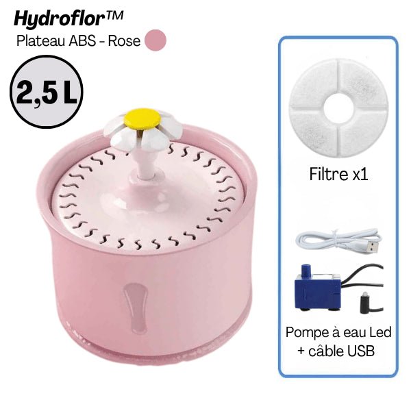 Fontaine eau chat grande capacité 2,5 litres plateau ABS rose filtre Hydroflor™