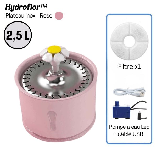 Fontaine eau chat grande capacité 2,5 litres plateau inox rose filtre pompe Hydroflor™