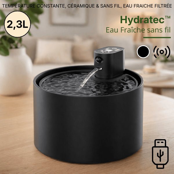 Fontaine a eau chat noire en céramique 2,3 L, système sans fil et fonctionnement silencieux inférieur à 20 dB - Hydratec™