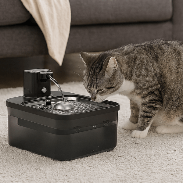 Fontaine eau chat avec félin qui boit dans salon hydratation saine Olyss™