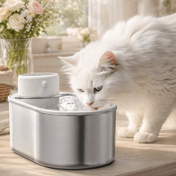 Chat qui boit à la source de la fontaine à eau chat en inox sans fil intelligente et silencieuse