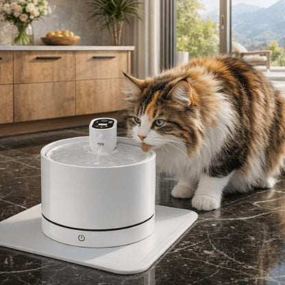 Maine coon buvant dans fontaine a eau chat céramique sans fil blanche avec jet d'eau filtré - Hydratec™
