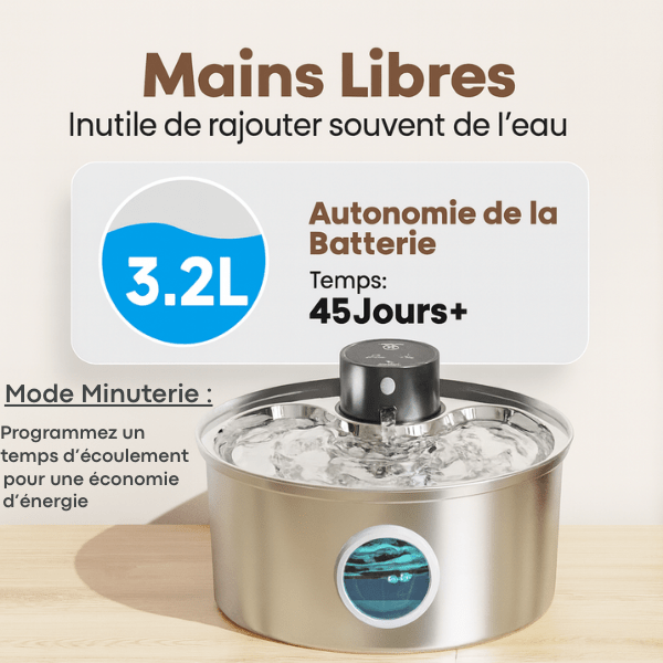 Fontaine eau chat sans fil inox autonomie 45 jours capacité 3.2 L mode minuterie Vinox™
