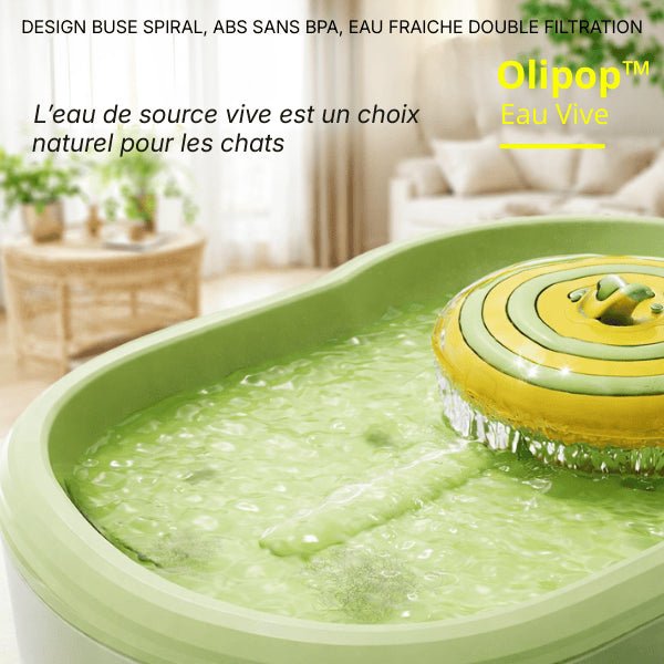 Fontaine à eau chat design buse spirale assurant une circulation continue de l’eau naturelle filtrée - Olipop™