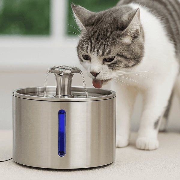 Fontaine eau pour chat automatique inox 2,5 litres USB avec félin qui boit dans Hydrox™